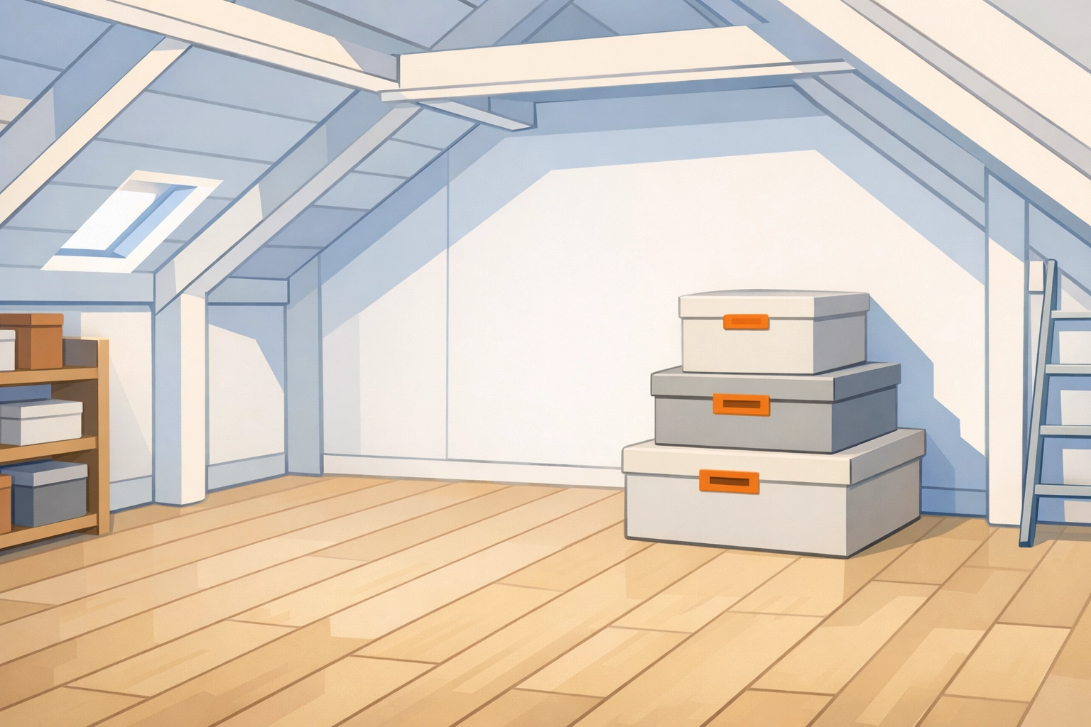 Organized storage boxes on a raised loft floor showing safe weight distribution on joists.