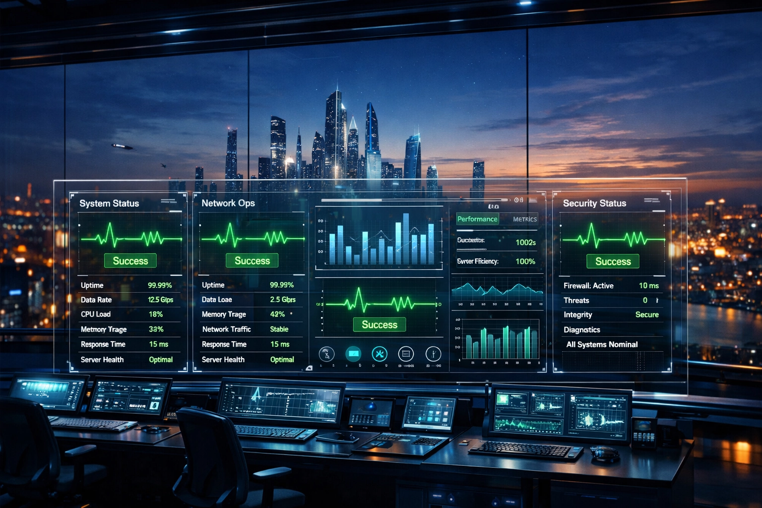 Futuristic control center dashboard displaying successful digital product launch metrics.