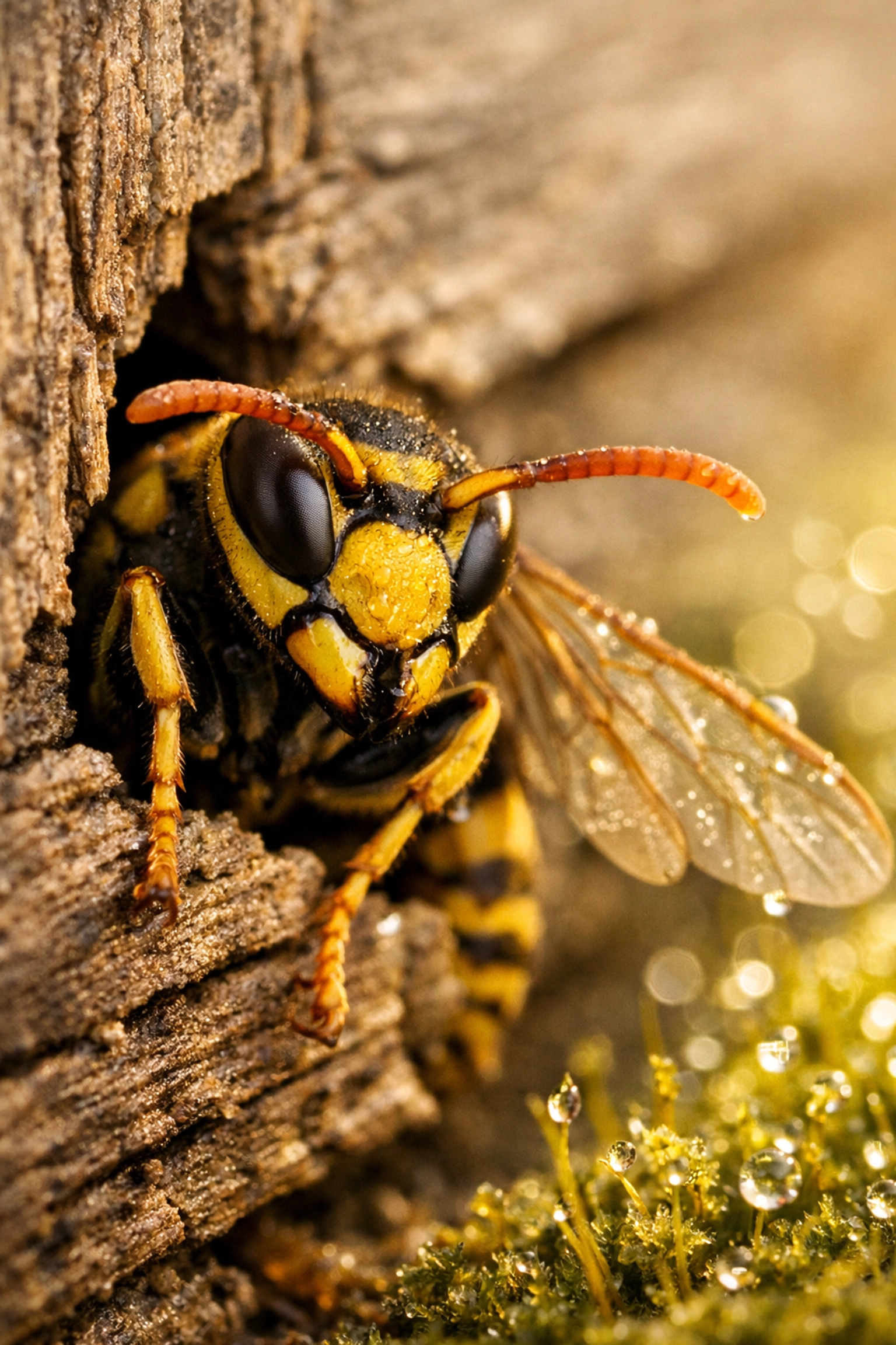 Close-up of a Paper Wasp queen emerging from a wooden crevice in early spring.