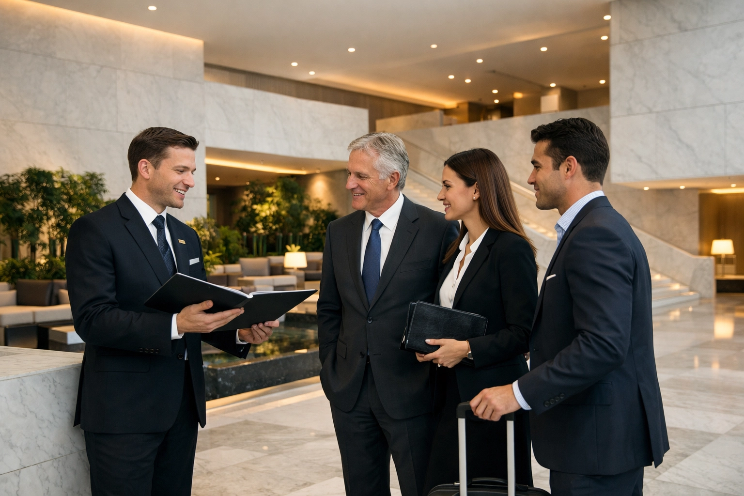 Executives in a luxury hotel lobby receiving high-end concierge service for elite corporate event hospitality.