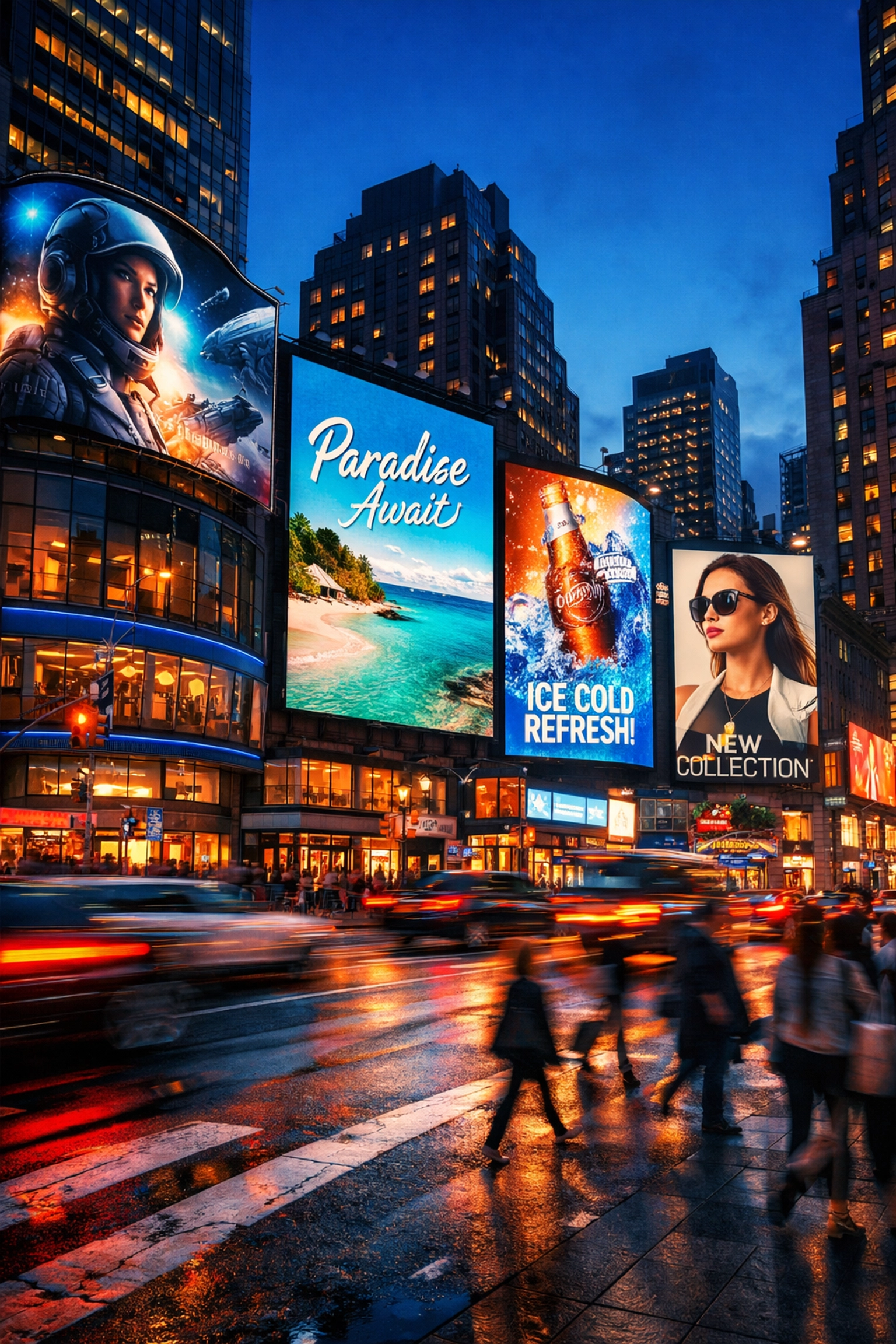 Digital billboards displaying ads on city street at dusk with evening traffic