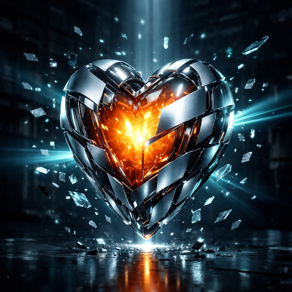 A glowing heart protected by a chrome shell depicting human brand voice within a WordPress website design.