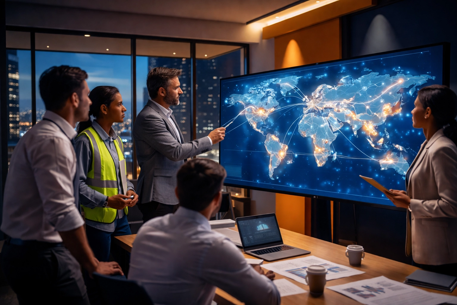 Logistics professionals collaborating in a high-tech office on global shipping solutions