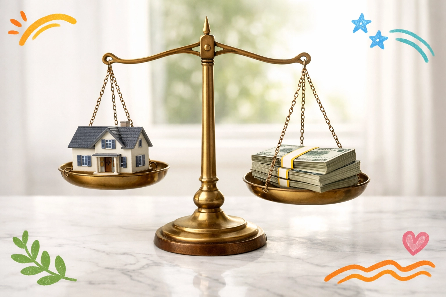 Scale weighing a home against cash representing Georgia cash offer decisions