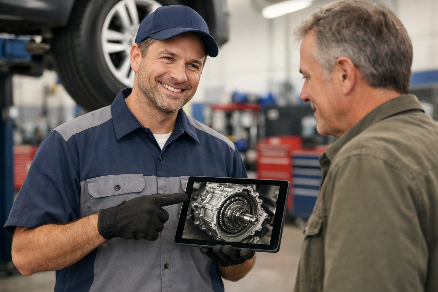 A professional mechanic in Fentress County showing a digital transmission inspection report to a customer.