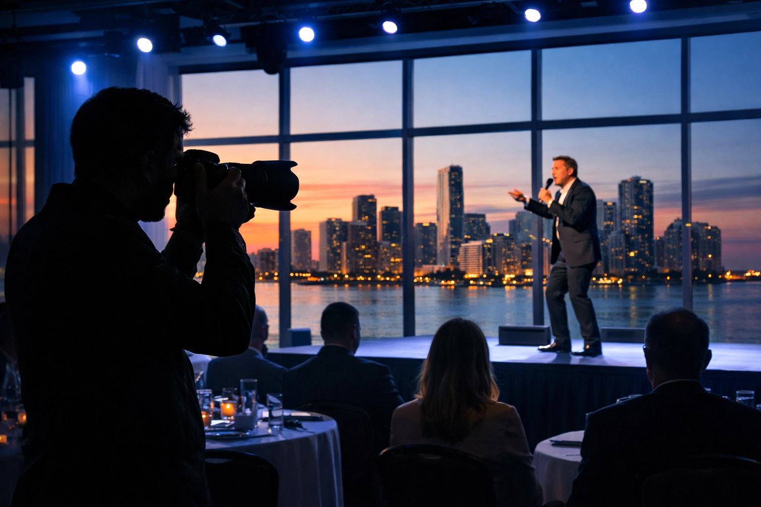 Professional Miami event photographer capturing a speaker at a corporate conference with the city skyline view.