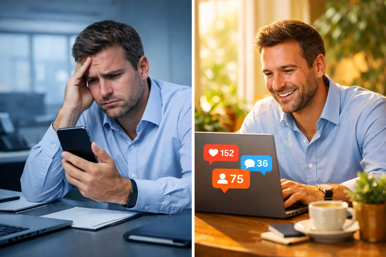 Sales professional comparing failed cold calling to successful social media marketing engagement