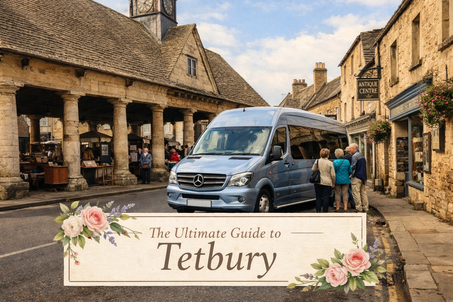 Shakespeare Coaches tour bus at the 17th-century Market House, part of a professional Tetbury guide tour.