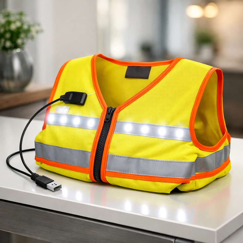 USB rechargeable LED safety vest with white lights, perfect for daily commutes in Oakland County.