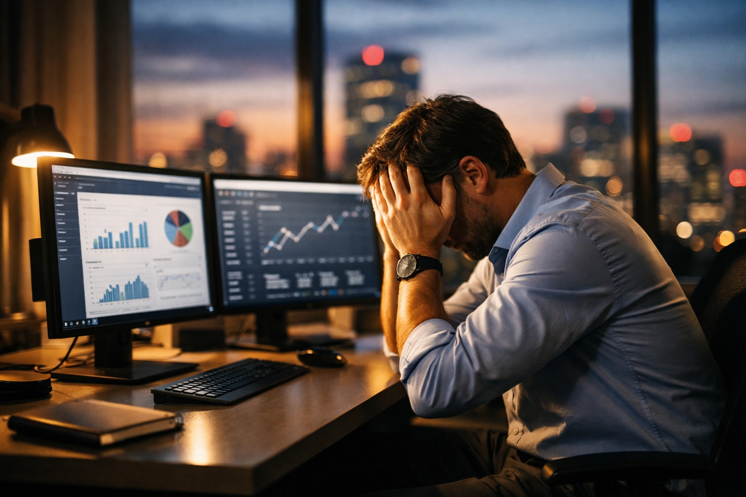 Entrepreneur facing internal resistance while working at desk with business analytics