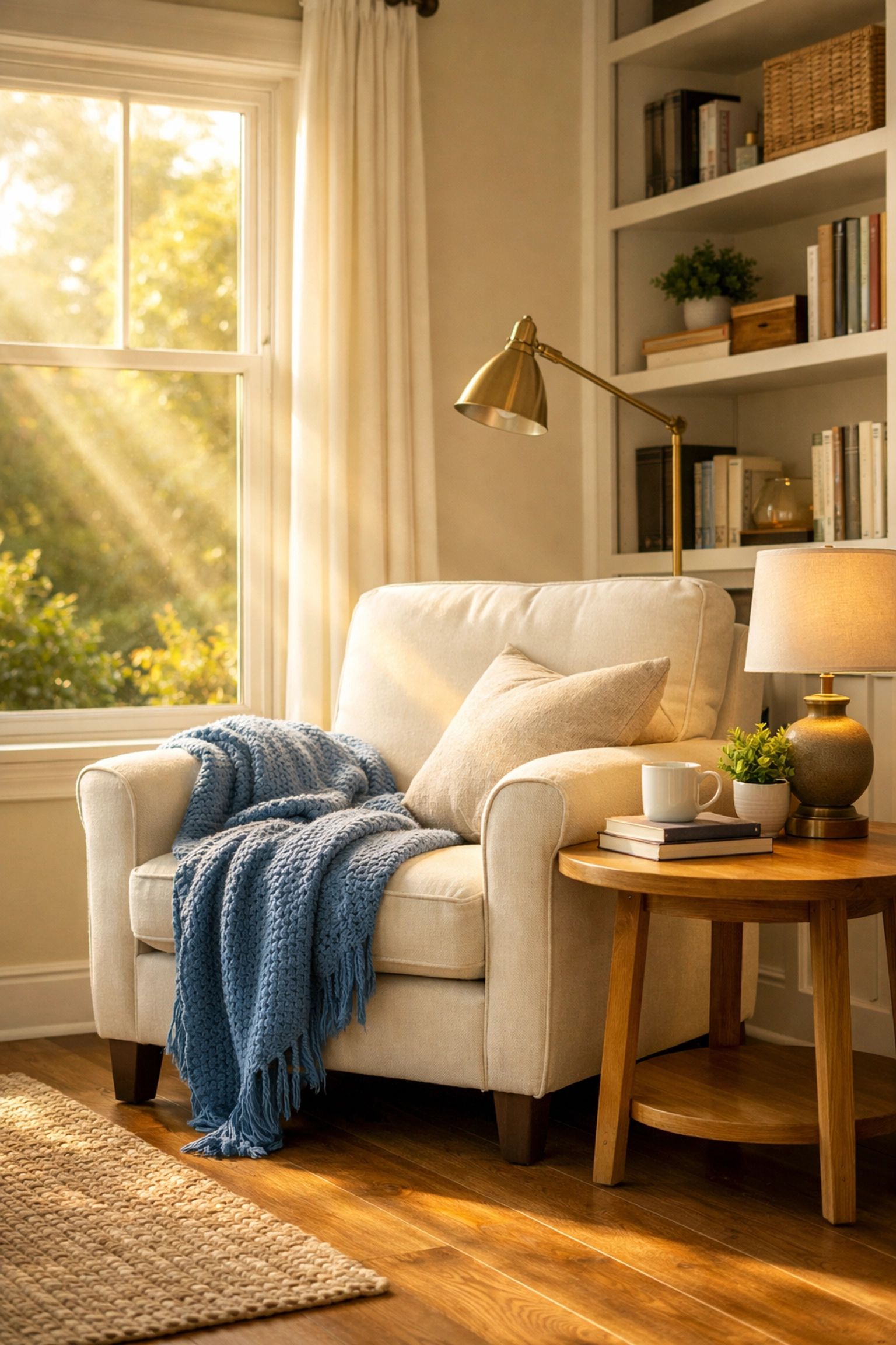 Dust-free sunlit reading nook illustrating the benefits of a professional deep house cleaning.