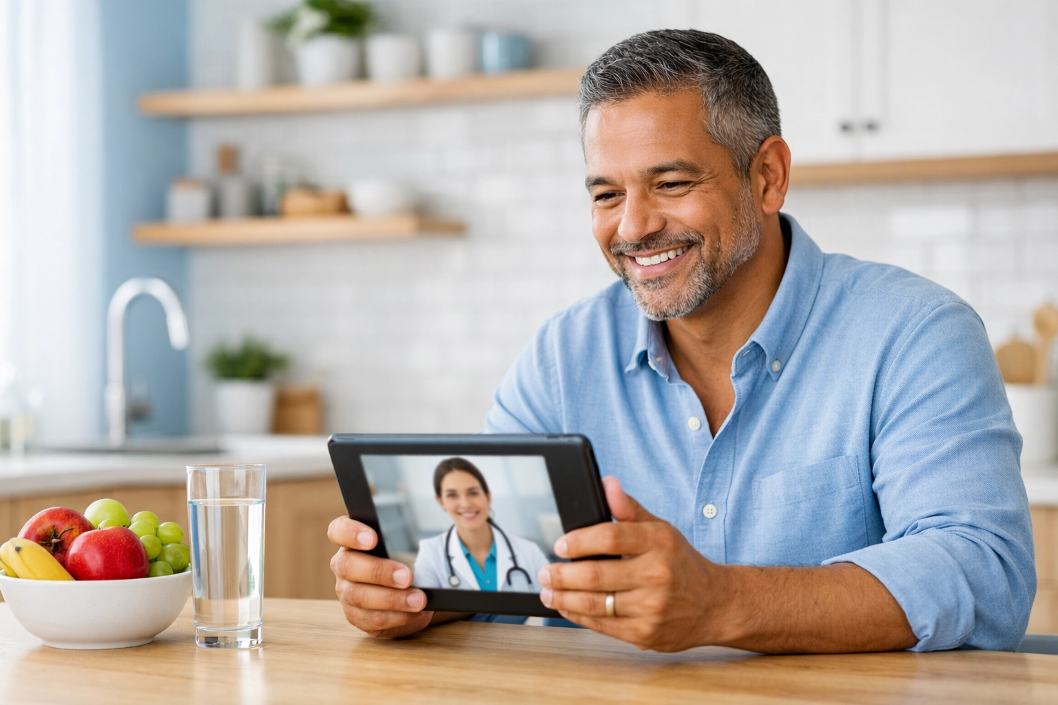 A patient discussing weight loss injection progress and side effects with a doctor via a telehealth consultation.