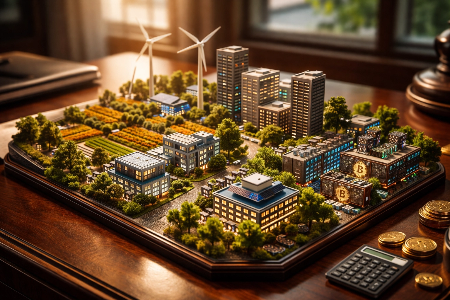 Aerial view of a diverse investment landscape with buildings, tech, farmland, and digital assets for accredited investors.