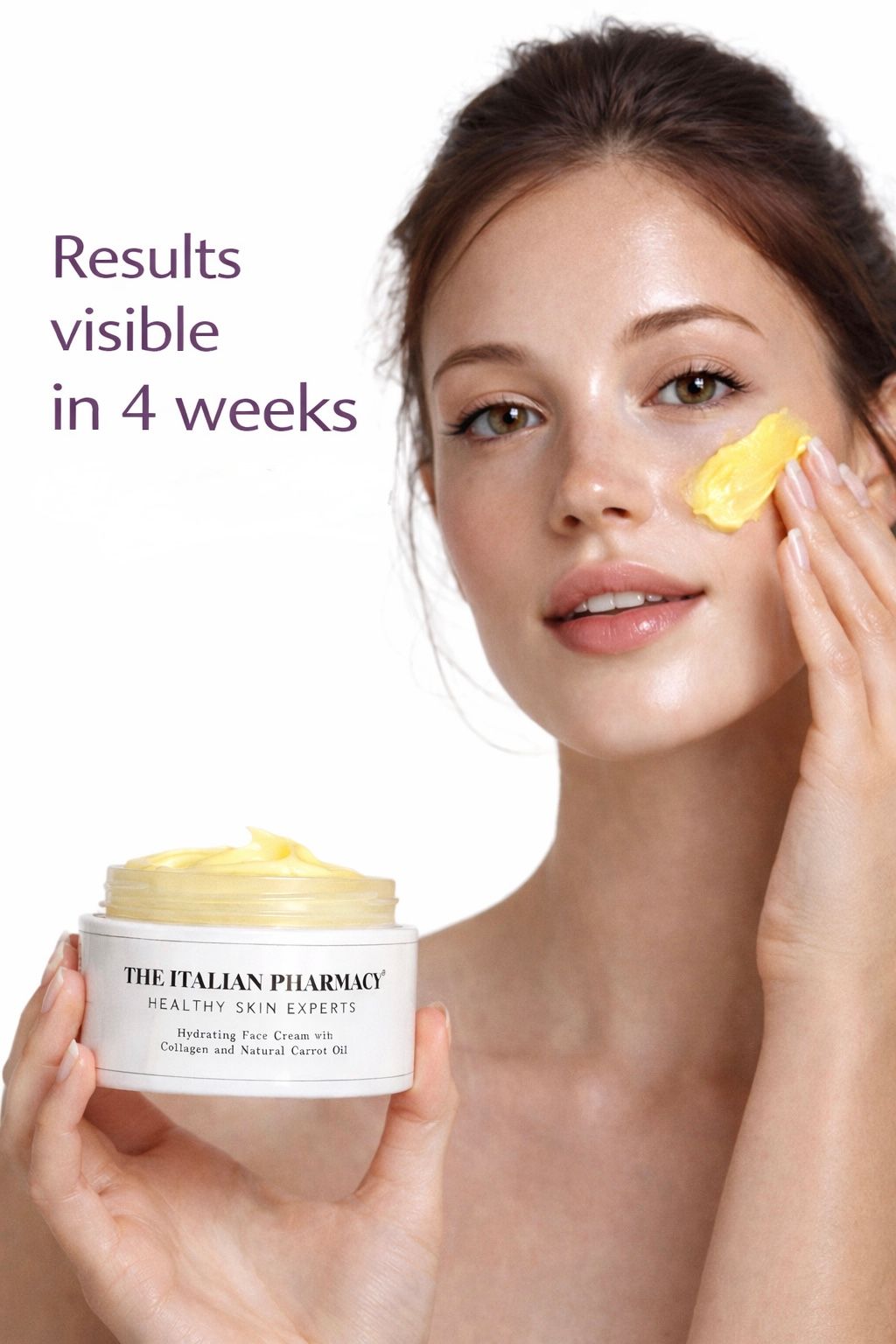 Woman applying hydrating carrot oil cream to her cheek