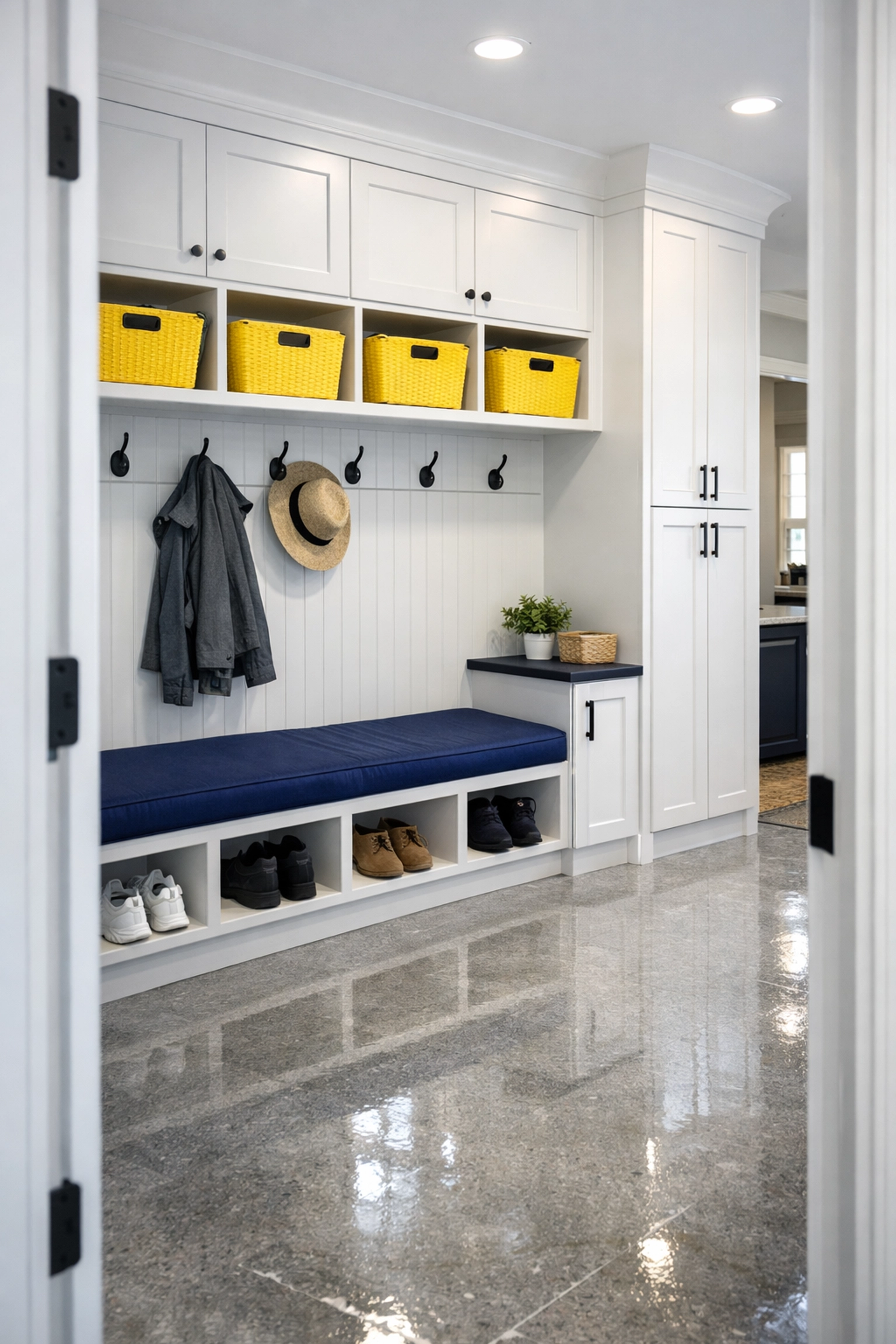 A deep-cleaned Wayland mudroom with organized cabinetry and sanitized high-touch surfaces.