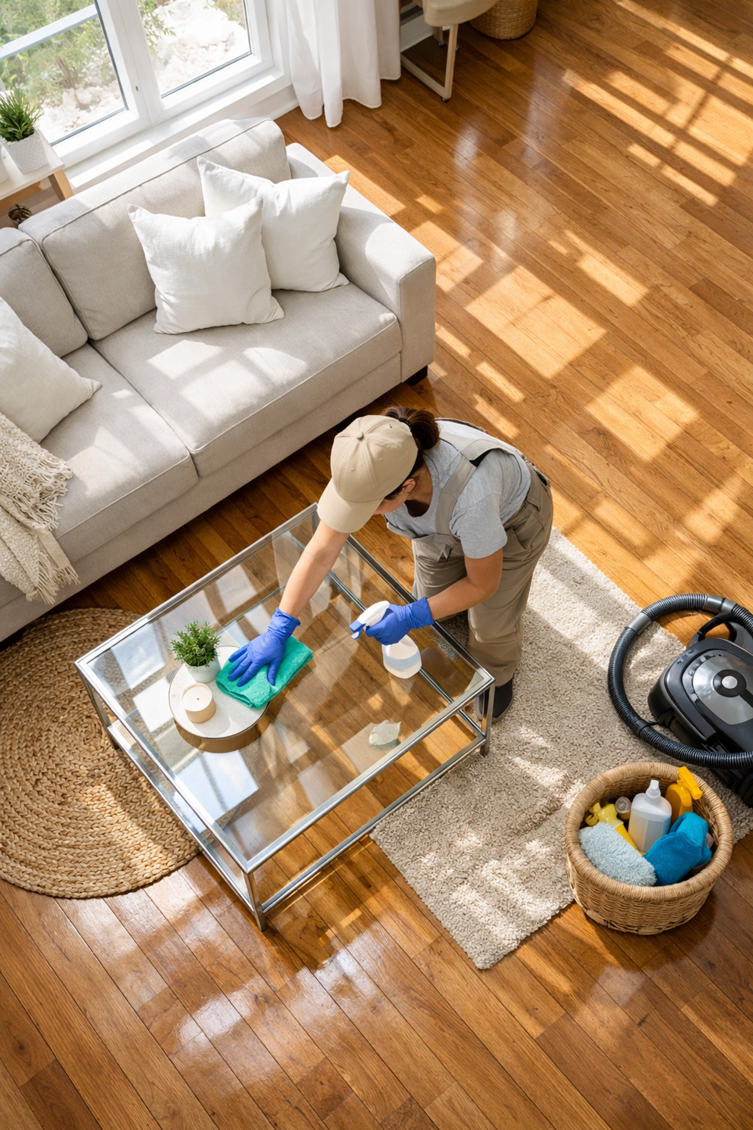 Professional cleaning service in modern apartment living room for property management turnover