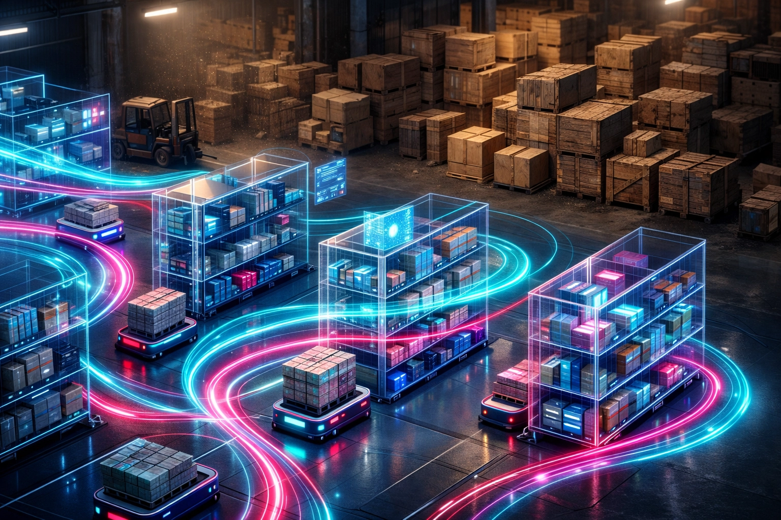 Smart warehouse logistics hub showing real-time data flows for AI demand sensing.