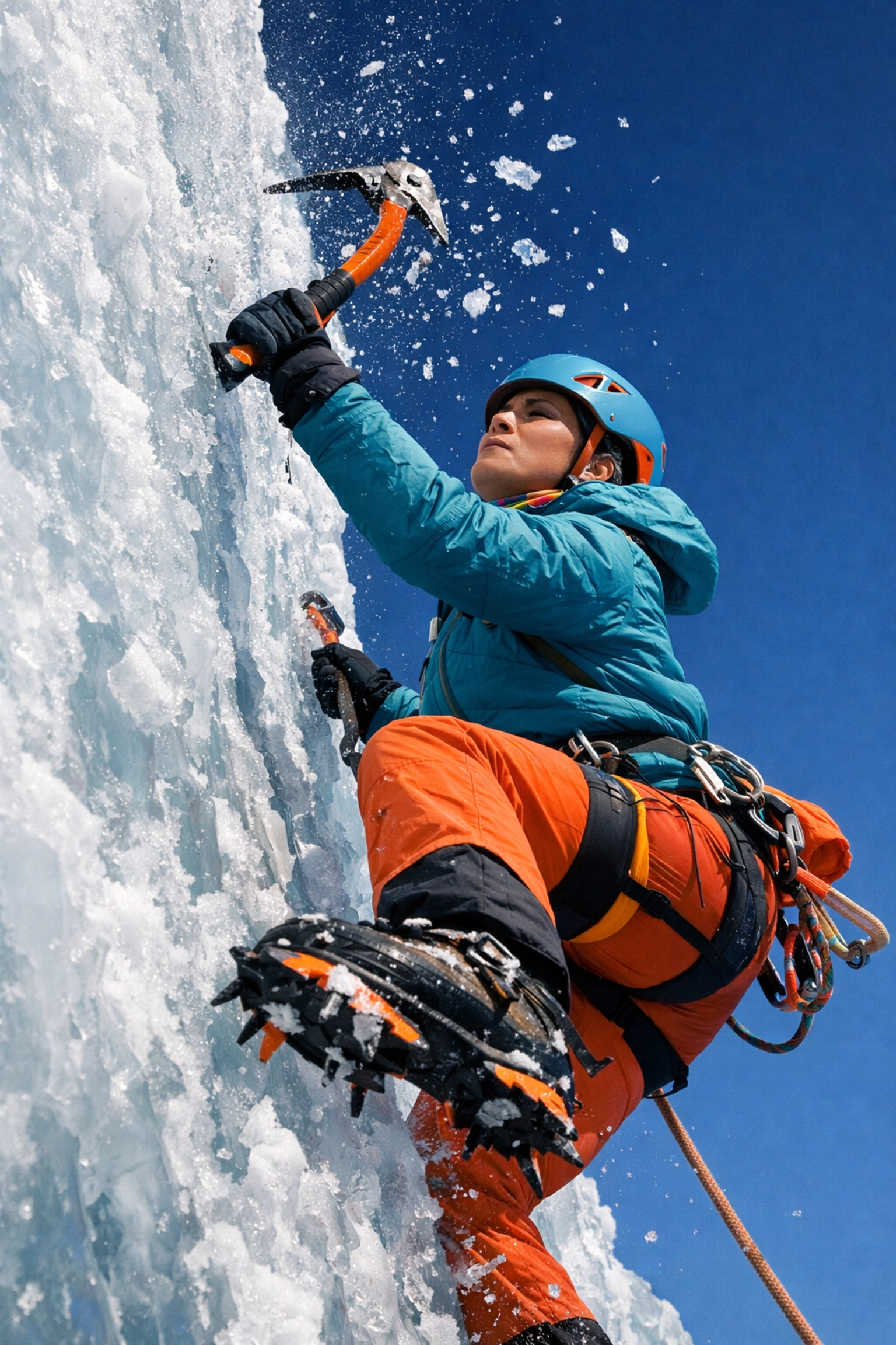 A queer woman uses an ice axe to scale a vertical frozen wall during a winter climbing session.
