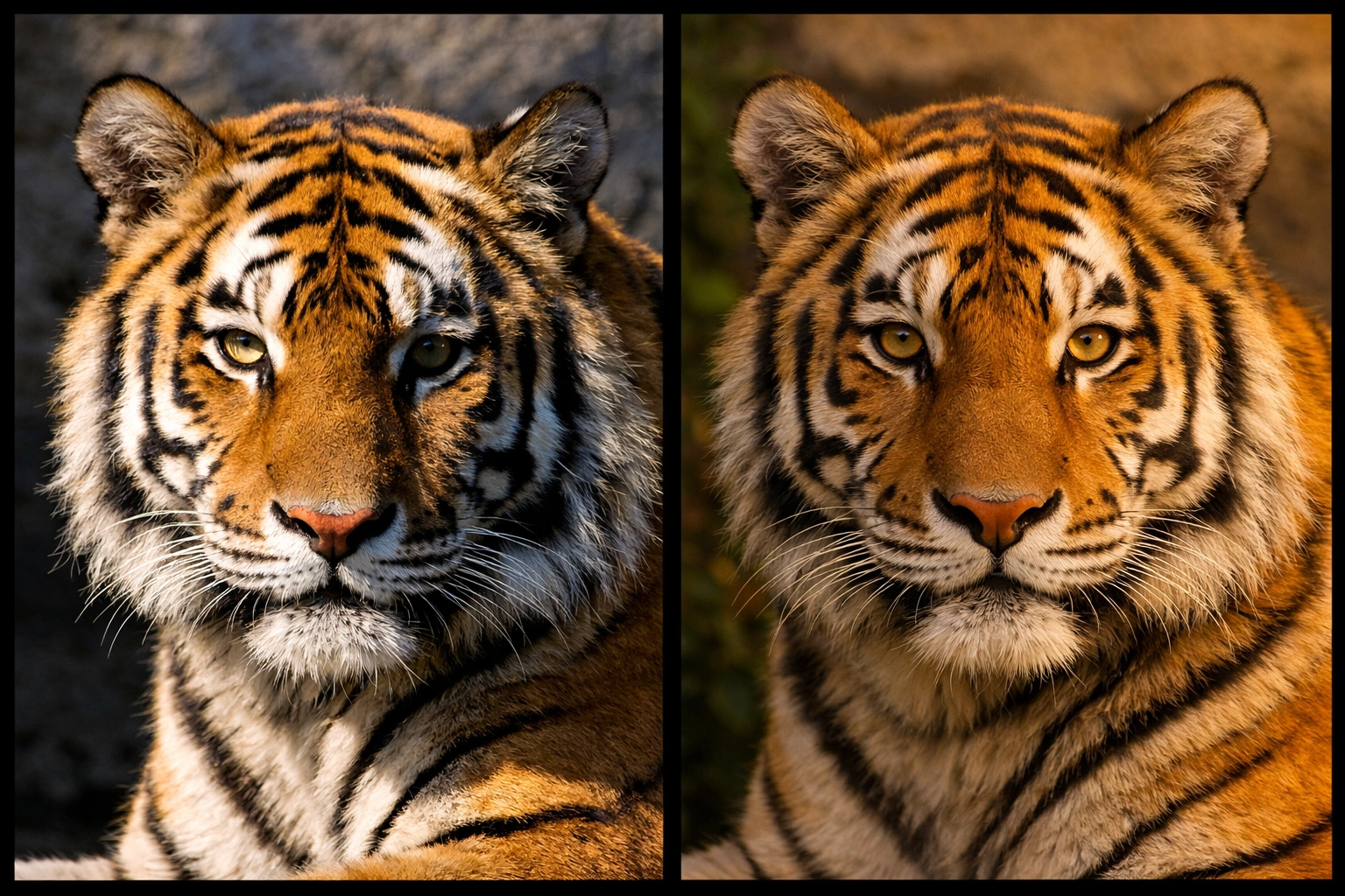 Tiger portrait comparison showing harsh midday lighting versus soft golden hour lighting