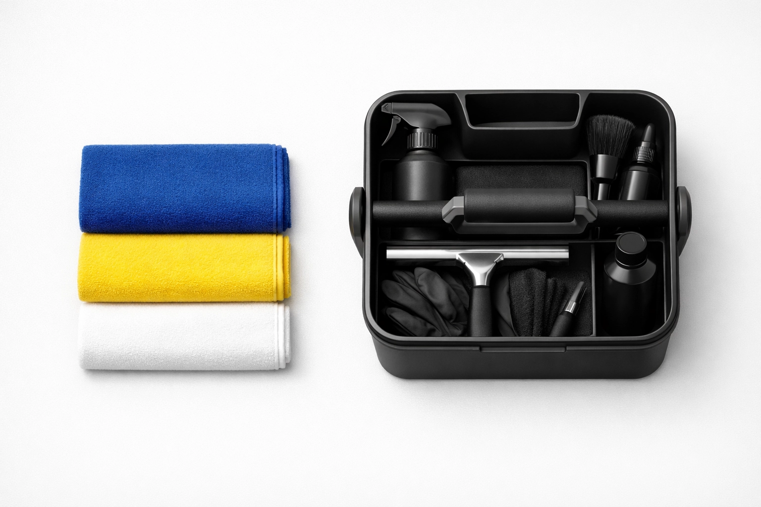 Color-coded cleaning tools and cloths used by professional maid services Worcester for hygienic cleaning.