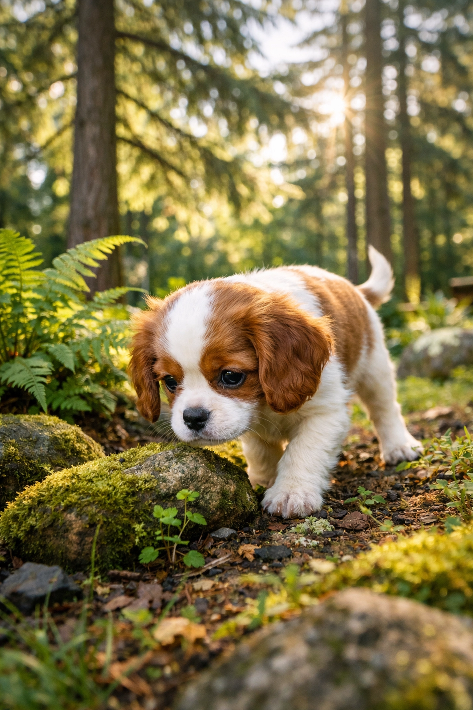 Cavalier puppy exploring a lush yard at an AKC Cavalier King Charles Breeder Boring Oregon.