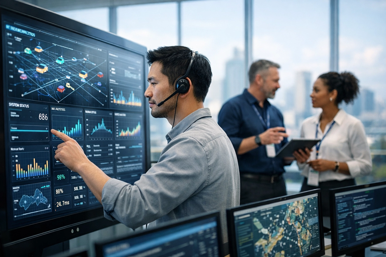 Modern IT operations center showing specialists using Agentic AI and ITOM data for real-time decision-making.