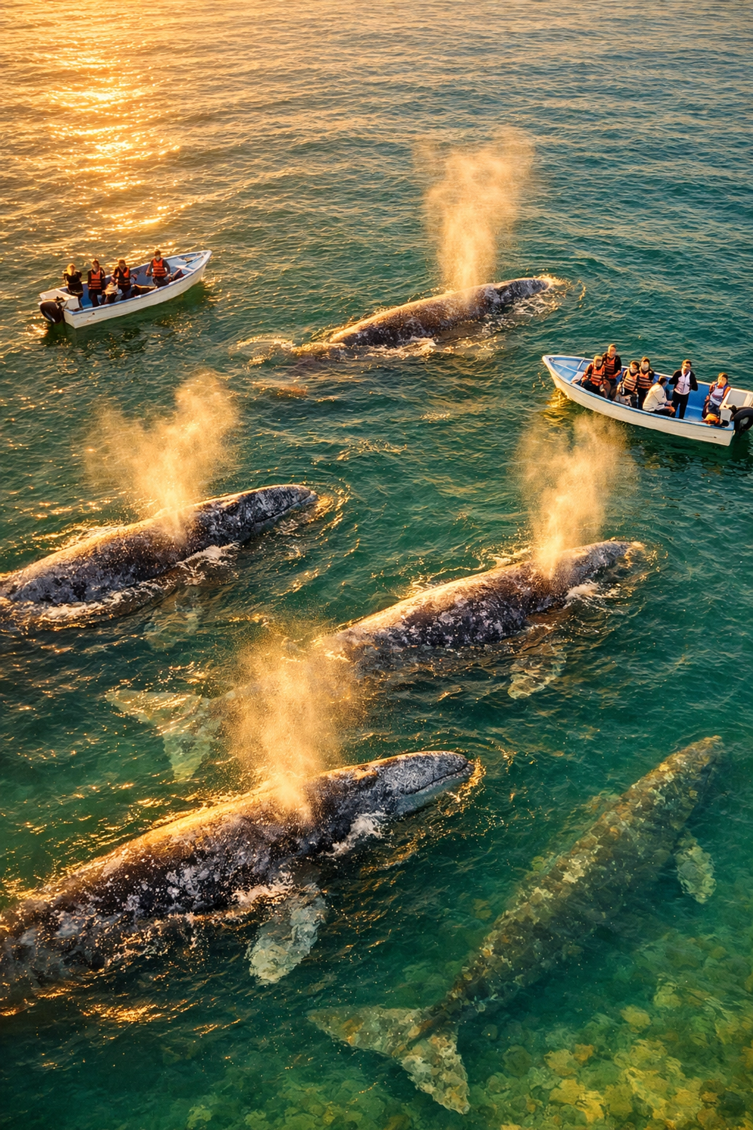 Grey whales surfacing in Bahia Magdalena lagoon with tour boats nearby