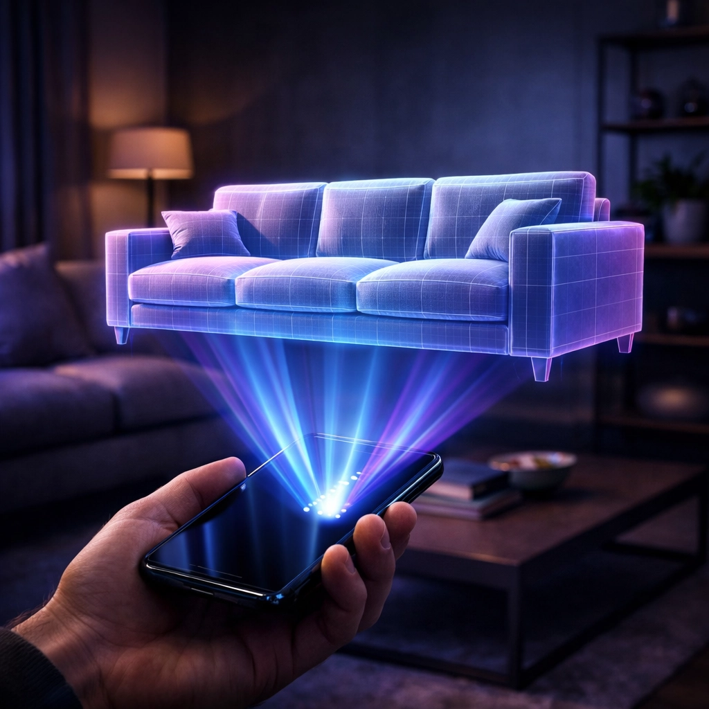 Augmented reality furniture visualization showing AR try-on experience on smartphone