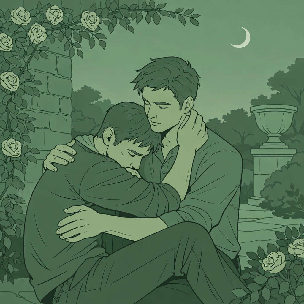 MM romance couple embracing in garden - intimate moment from The Great Straight Scandal gay fiction series