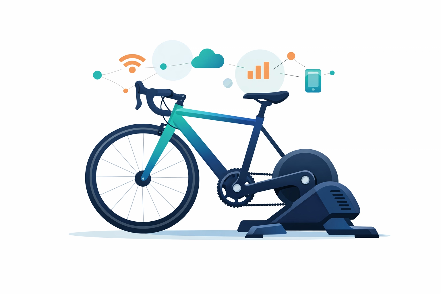 Digital illustration of an indoor cycling setup with smart trainer connectivity for live workout control.