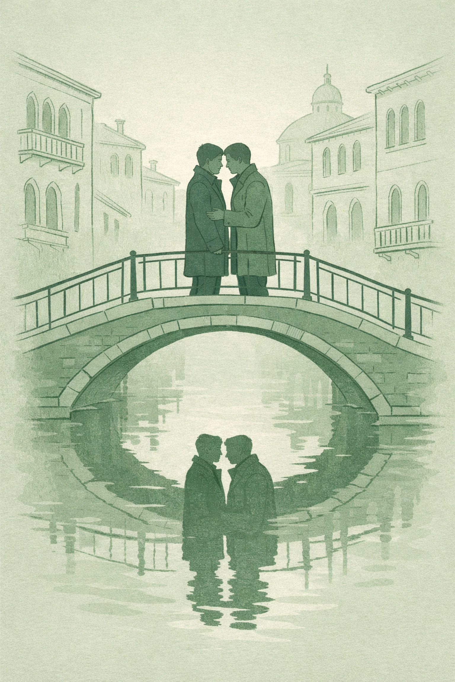 Two men sharing intimate moment on Venice canal bridge at dusk during Valentine's season