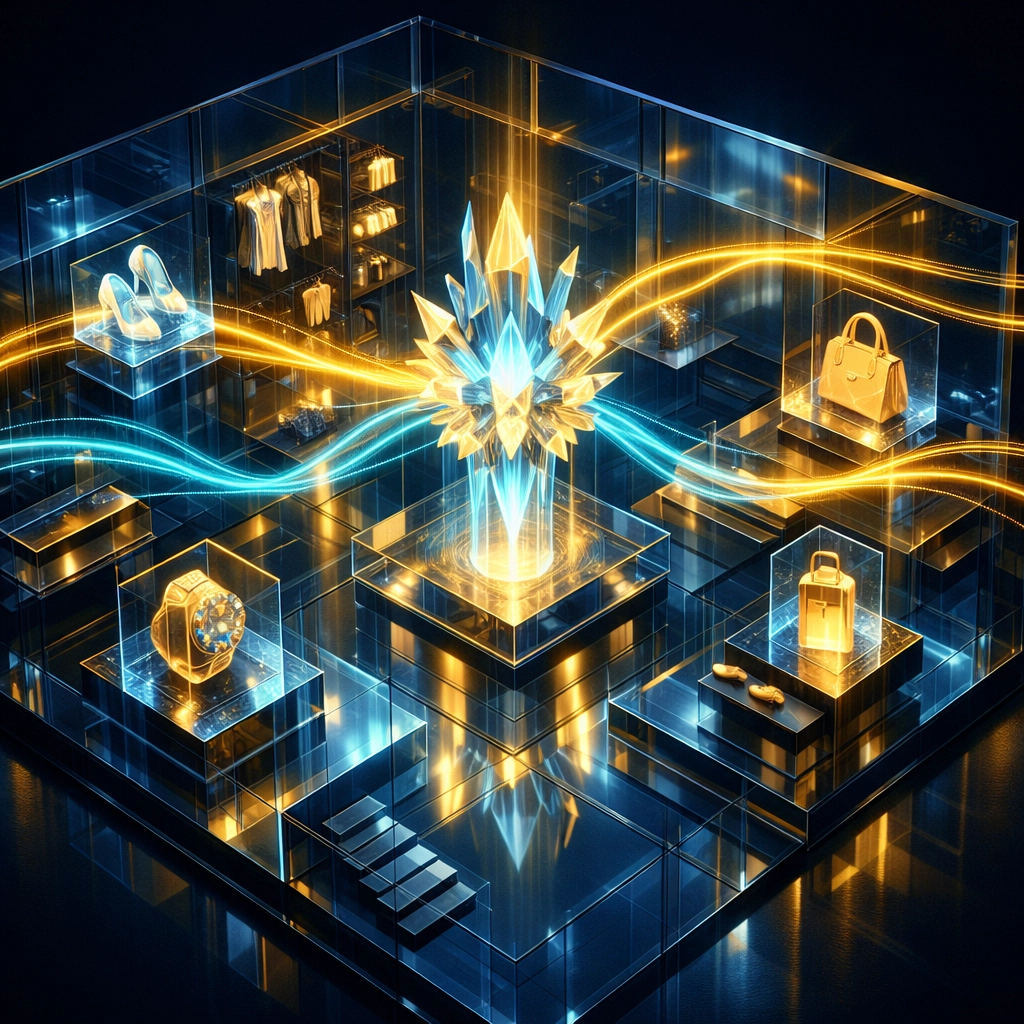 Futuristic Web3 retail store illustrating smart AI routing and automated cryptocurrency payment flows for merchants.