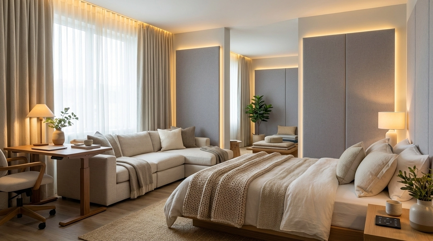 Kathy Kuo Home–style customizable comfort suite with modular seating, an adjustable-height desk, a bed with personalized firmness zones, and layered natural textiles