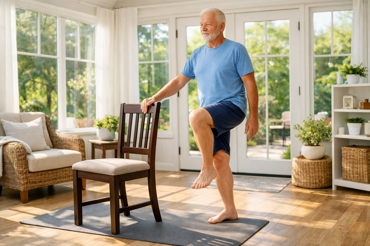 Senior man performing balance exercises at home using a sturdy chair for stability and fall prevention.