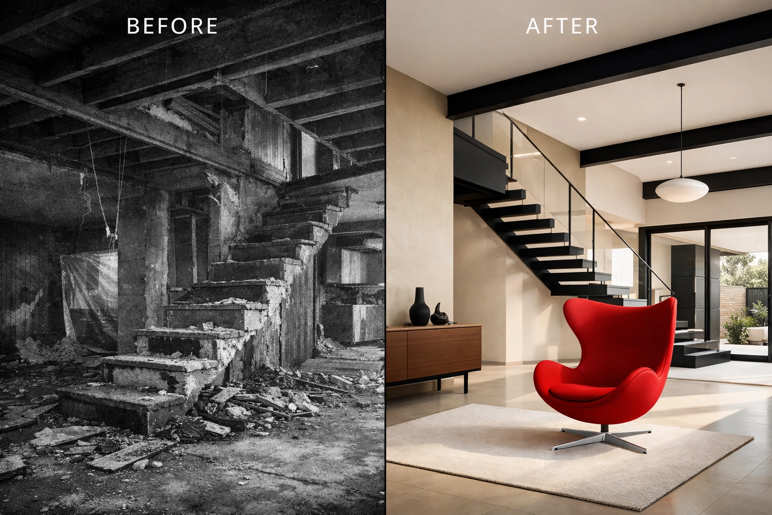 ![Before and after real estate renovation in Minnesota highlighting property value increase through the BRRRR method.