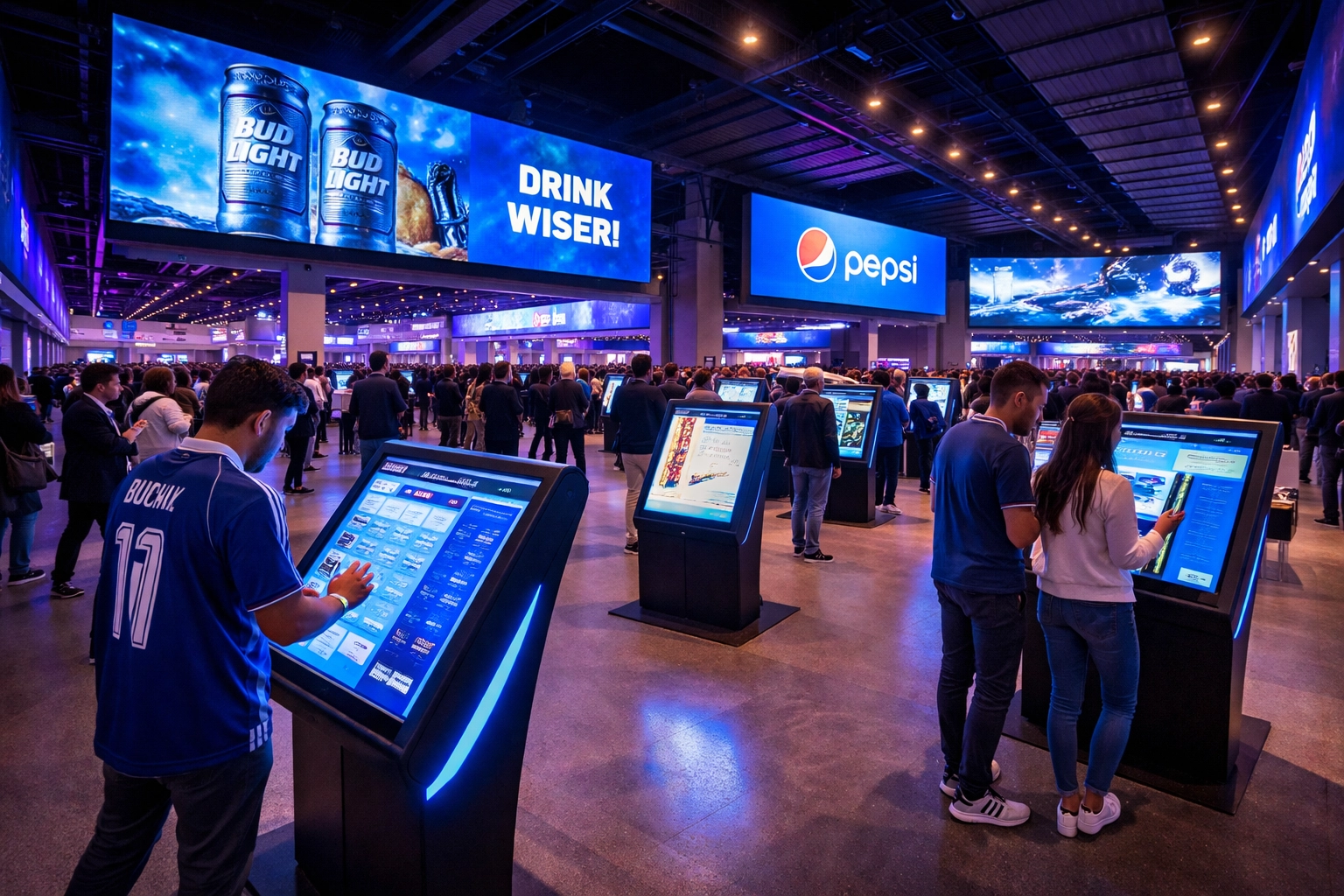 Fans engaging with interactive sponsorship activation kiosks and digital displays at a sports venue concourse
