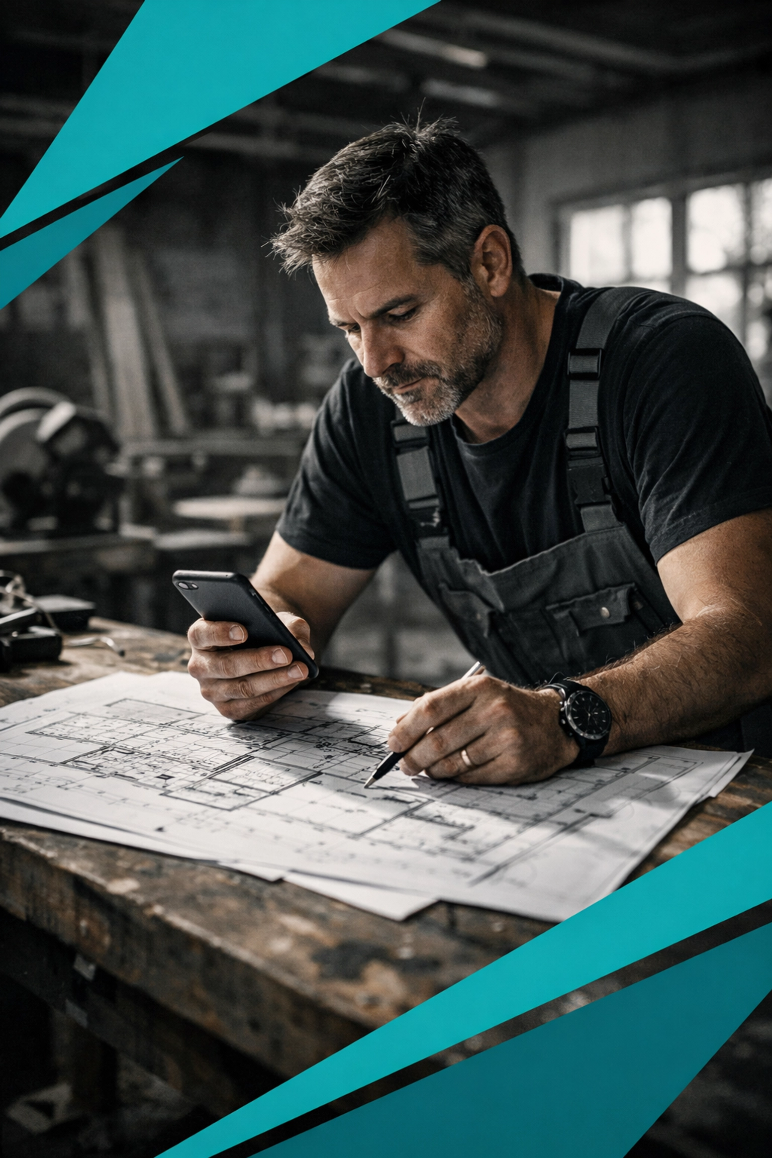 Professional contractor reviewing blueprints while managing exclusive leads on a smartphone.