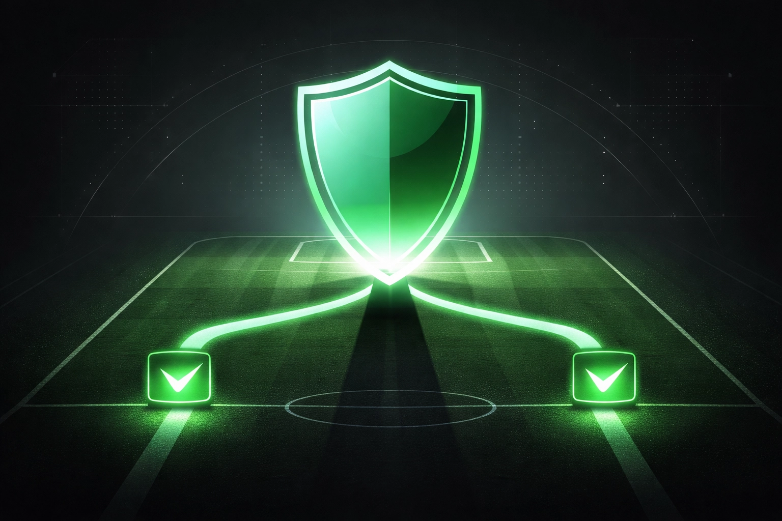 Protective shield above a football pitch illustrating risk mitigation in Draw No Bet football betting strategy