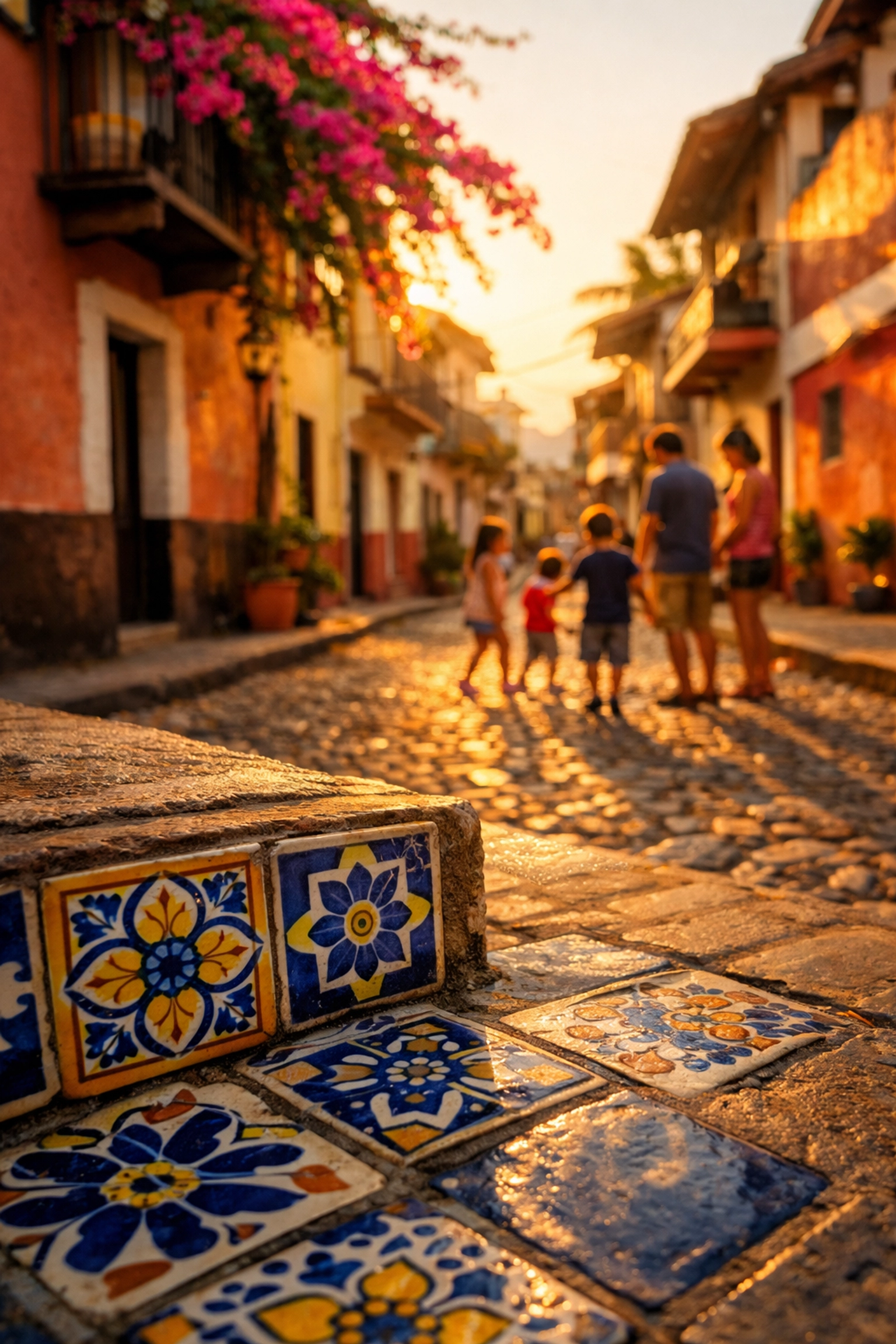 Puerto Vallarta Old Town cobblestone street with local families and colonial buildings