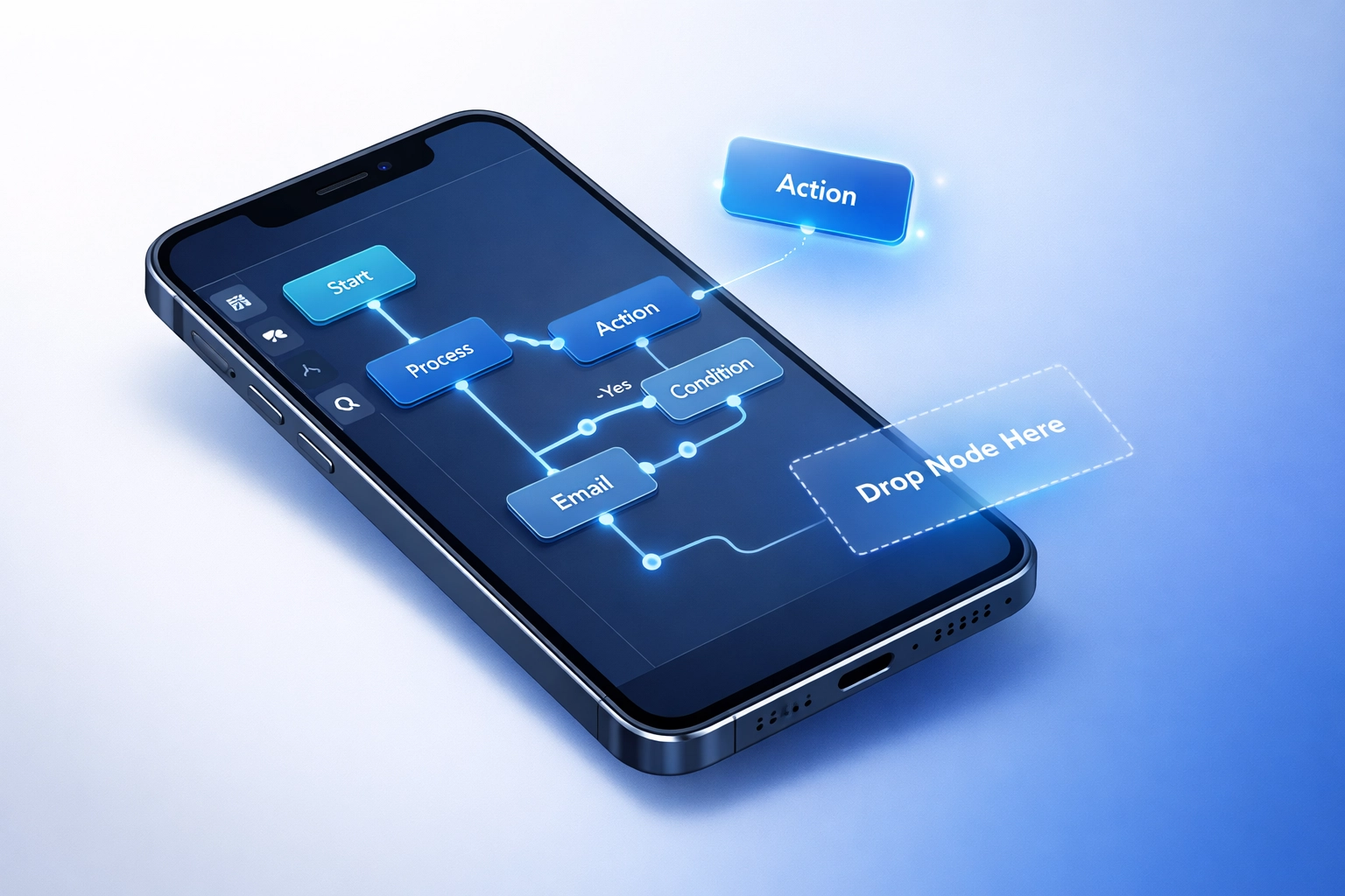 Mobile workflow builder interface displaying no-code automation for multi-location businesses