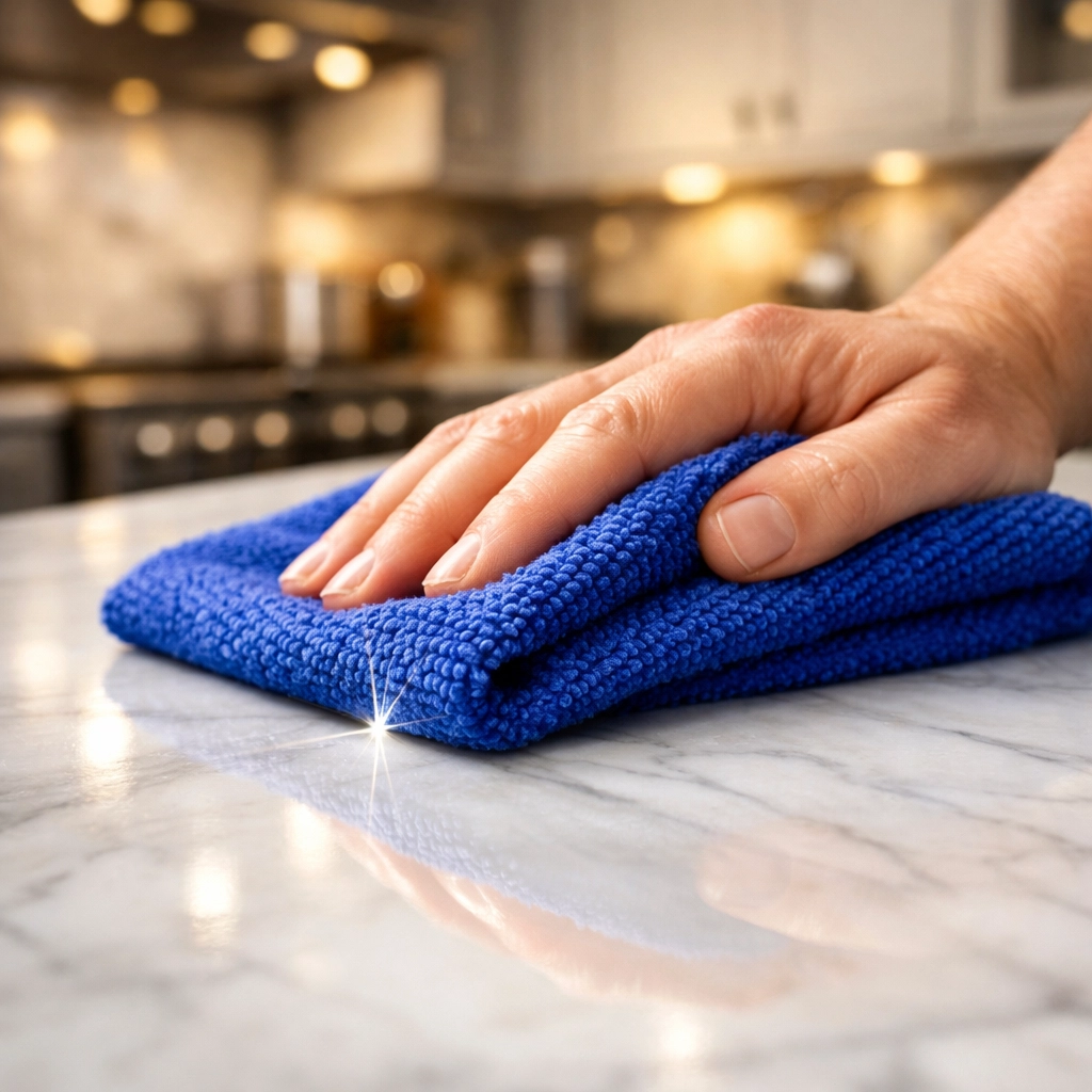 Professional cleaners in Leominster MA using a microfiber cloth for a streak-free shine on kitchen countertops.