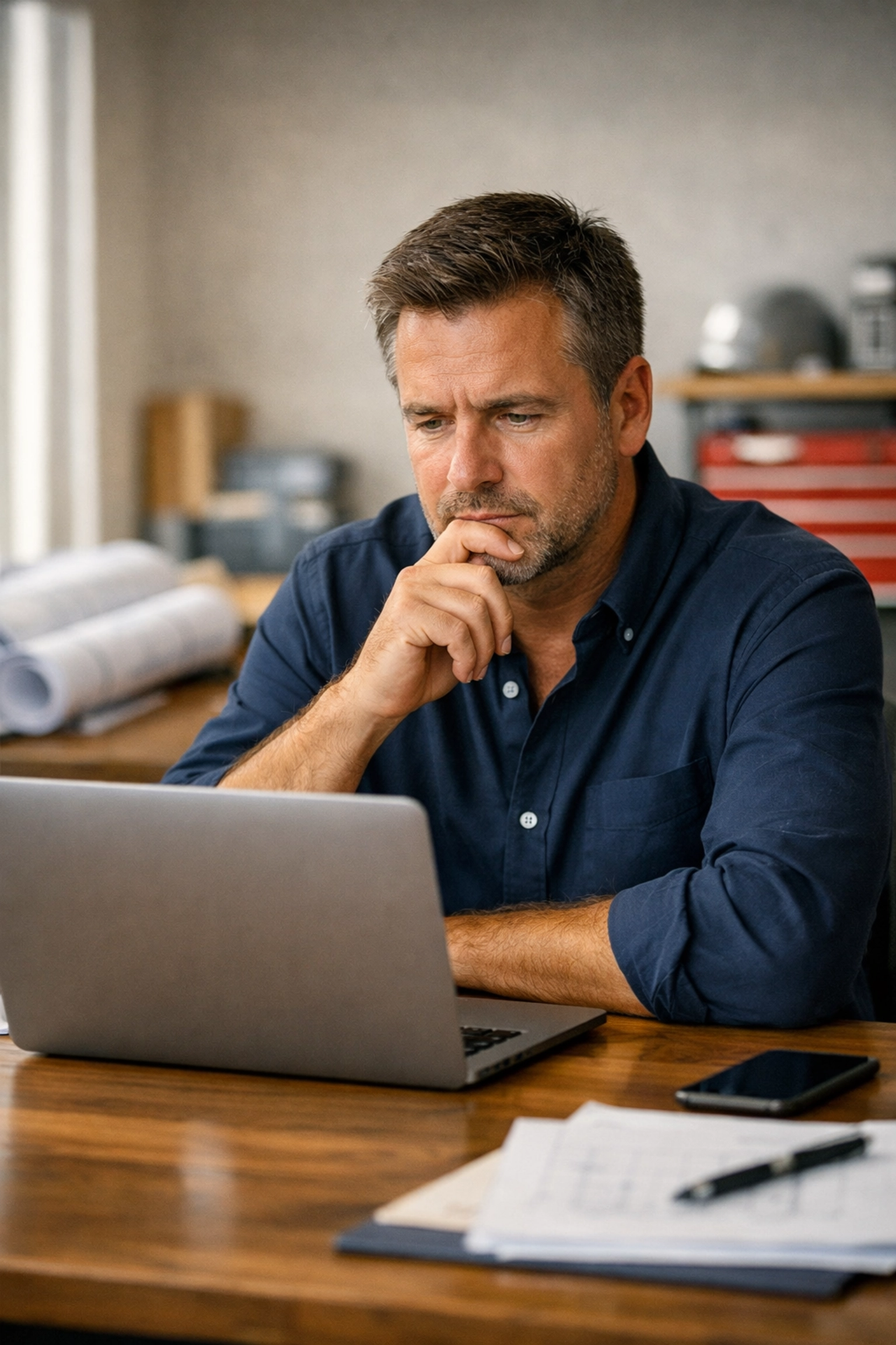 Service business owner reviewing financial reports on a laptop in a modern office.