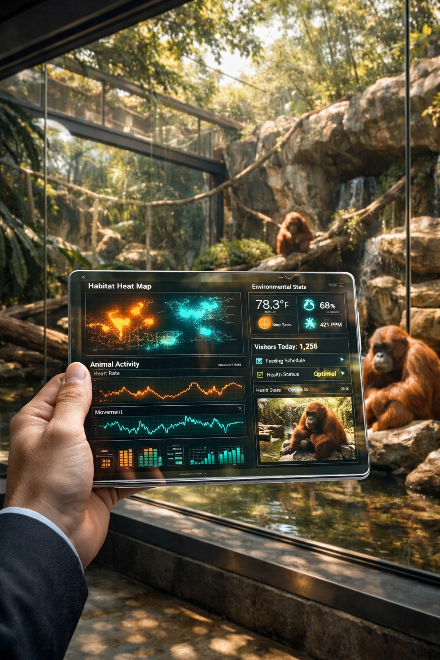 Digital marketing dashboard on a tablet tracking real-time zoo visitor data and performance metrics for media planners.
