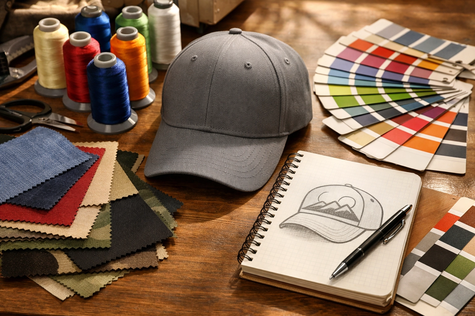 Custom hat design planning with fabric swatches and embroidery materials