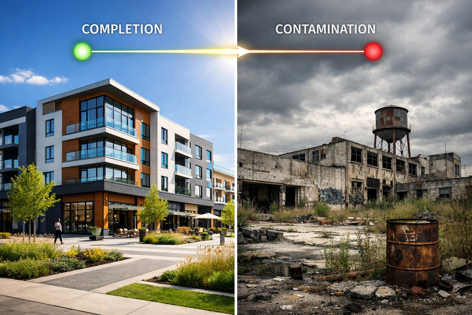 Before and after NJ brownfield transformation from contaminated industrial site to modern development