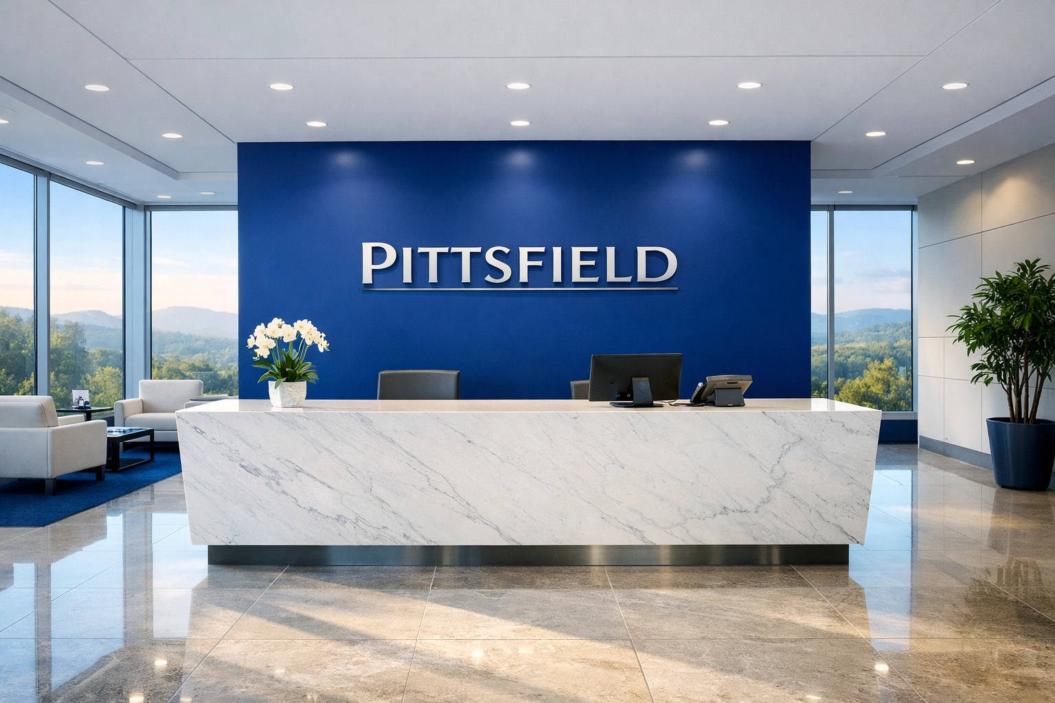 Professional Pittsfield corporate reception area with polished floors, showing the results of reliable office maintenance.