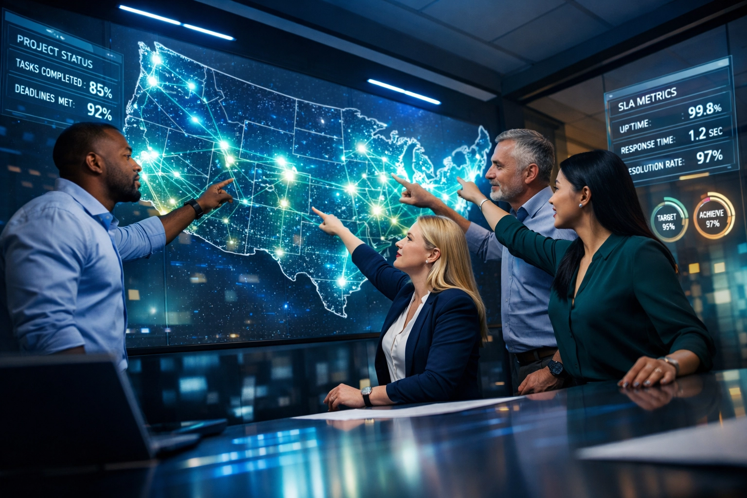 NJTechland leadership team managing nationwide IT operations across interactive US network map