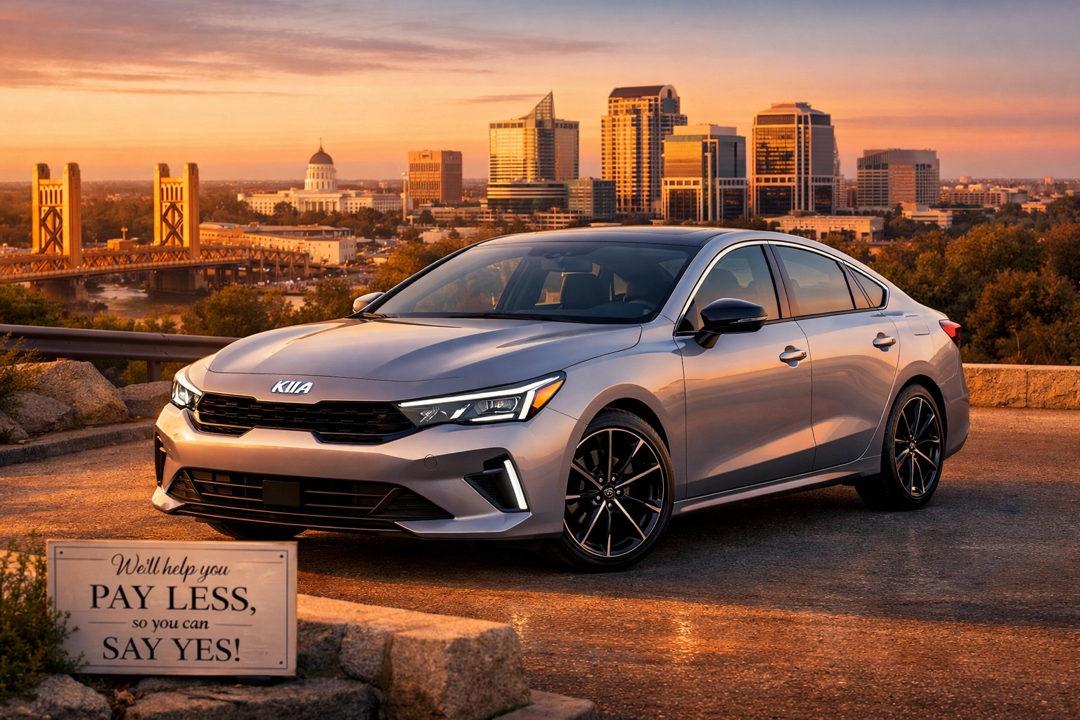 2026 Kia K4 sedan with Sacramento skyline showcasing affordable value and modern design