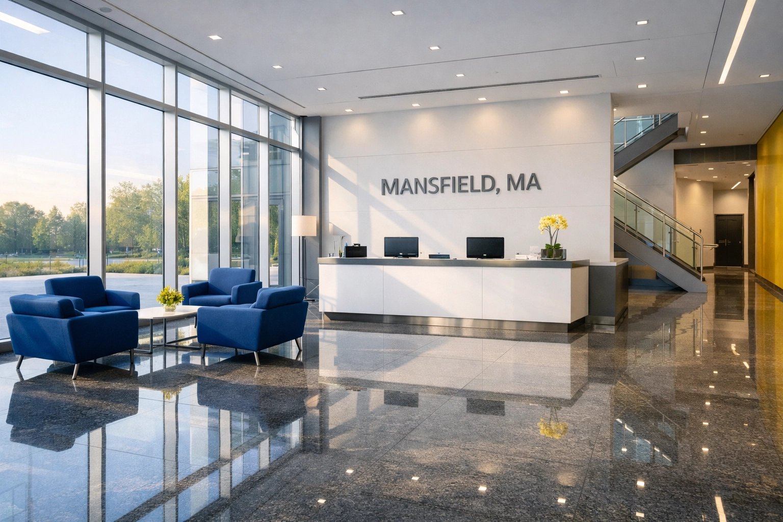 Professionally cleaned modern corporate lobby in Mansfield, MA, showing polished floors and a pristine reception area.