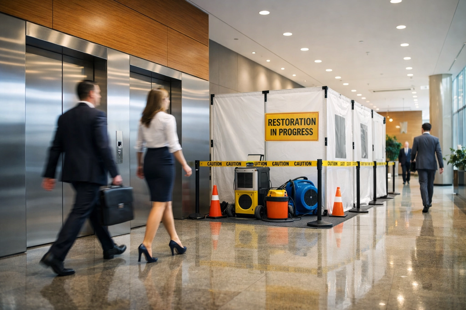 Clean office lobby with metal restoration work contained while tenants access building normally